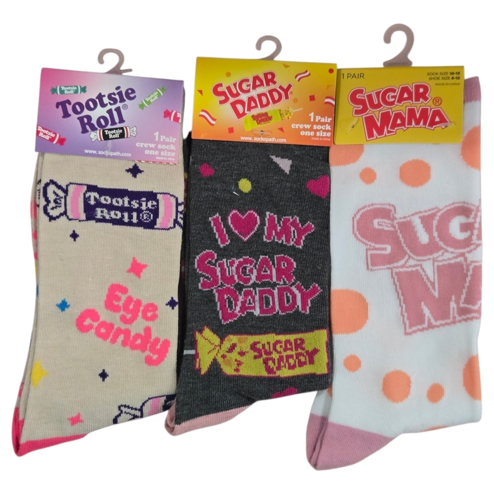 3 Pairs Of Candy Themed Funny Socks Sugar Mama Sugsr Daddy Tootsie Roll